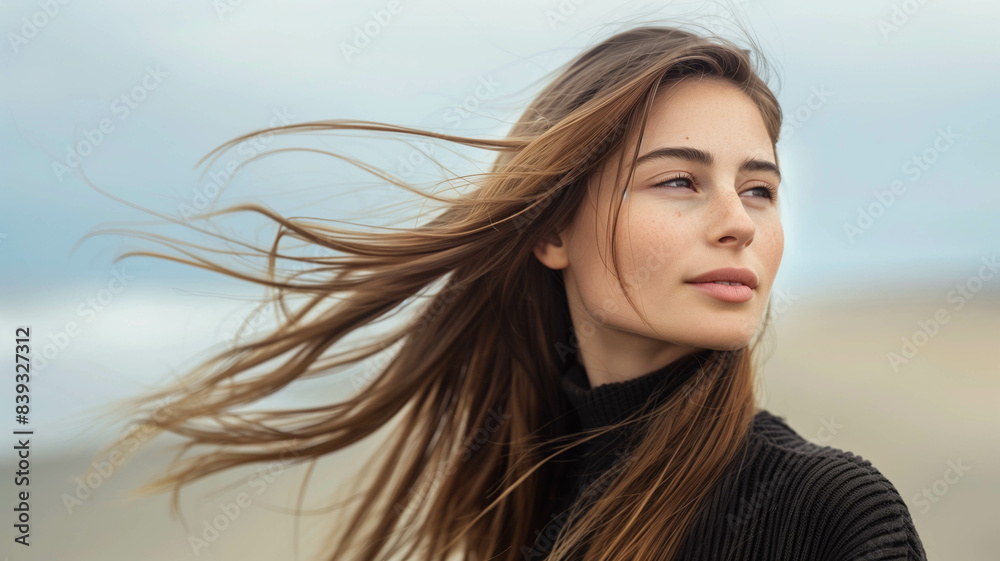 young woman with long, sleek brown hair enjoying a breezy day by the beach young woman with long, sleek brown hair enjoying a breezy day by the beach