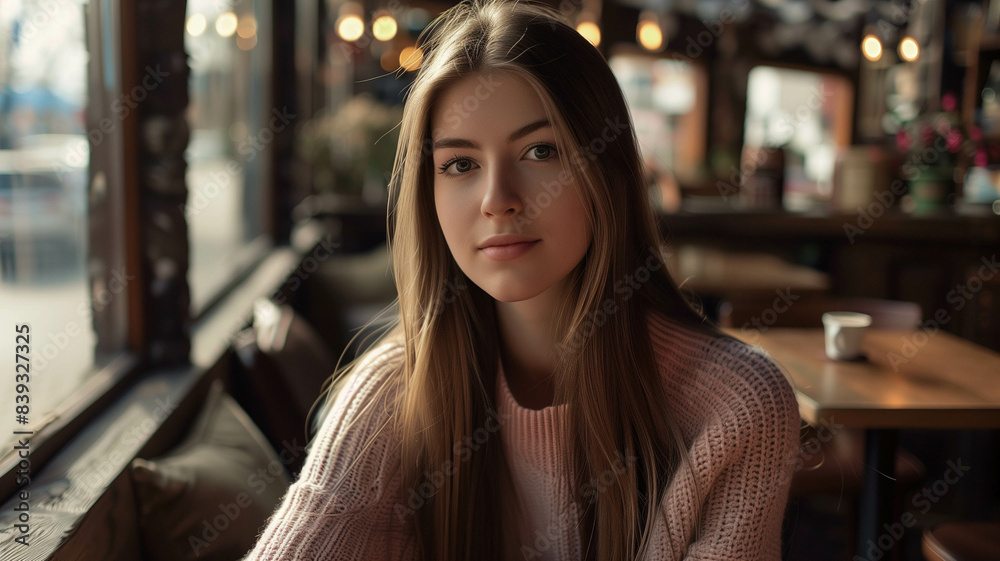 young woman with long, straight brown hair sitting in a cozy café young woman with long, straight brown hair sitting in a cozy café