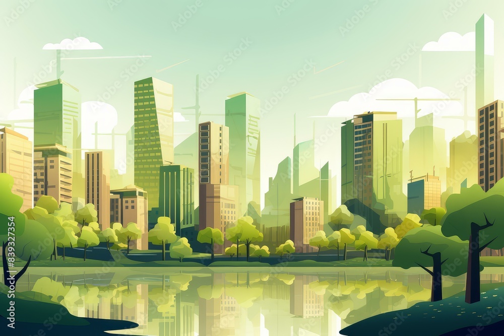 Obraz premium Vector illustration of a tranquil city park with modern skyline and reflection in water