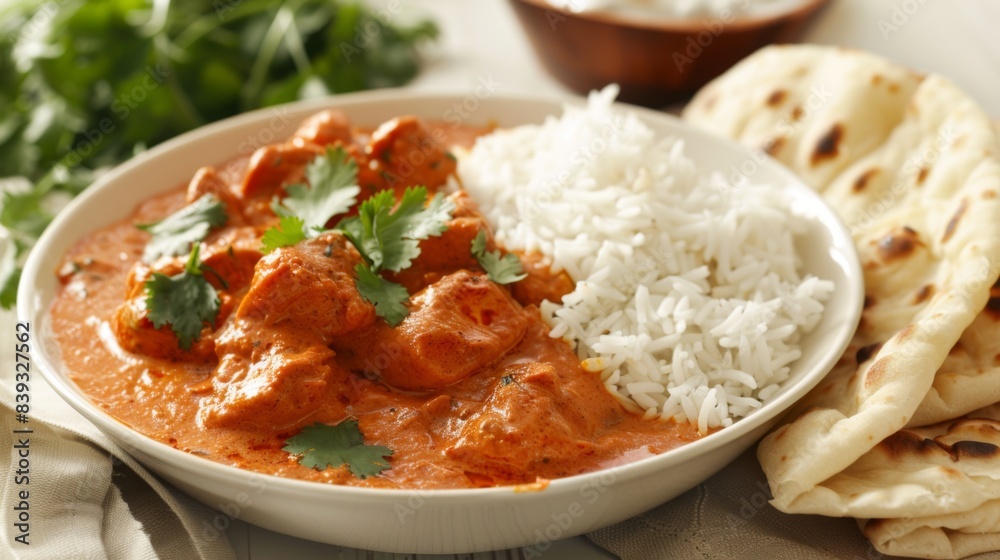 A mouth-watering Indian butter chicken dish, served with fluffy basmati rice, naan bread, and fresh cilantro A mouth-watering Indian butter chicken dish, served with fluffy basmati rice, naan bread, and fresh cilantro