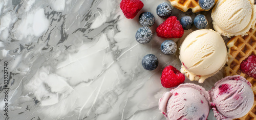 Yellow and pink icecream scoops with fresh bluebery and raspberry on grey stone background. Flat lay, top view, copy space. Natural homemade icecream. Summer concept for banner, poster, web photo