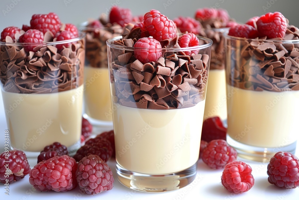 Vanilla pudding cups with chocolate shavings and fresh raspberries on a white background Vanilla pudding cups with chocolate shavings and fresh raspberries on a white background