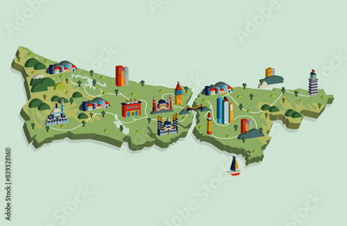 3d isometric landmark map design of the Istanbul city turkey