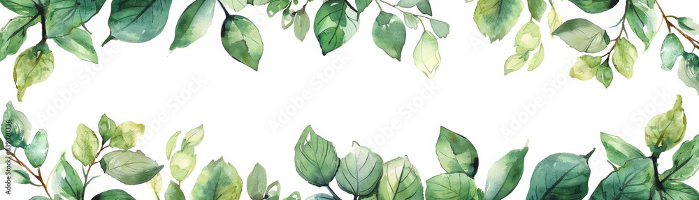 Naklejka premium Elegant watercolor border of lush green leaves on a white background, perfect for nature-themed designs and invitations.