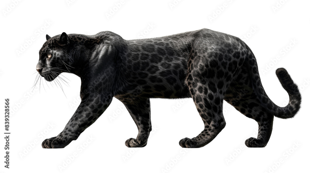 A black panther walks across a white background A black panther walks across a white background