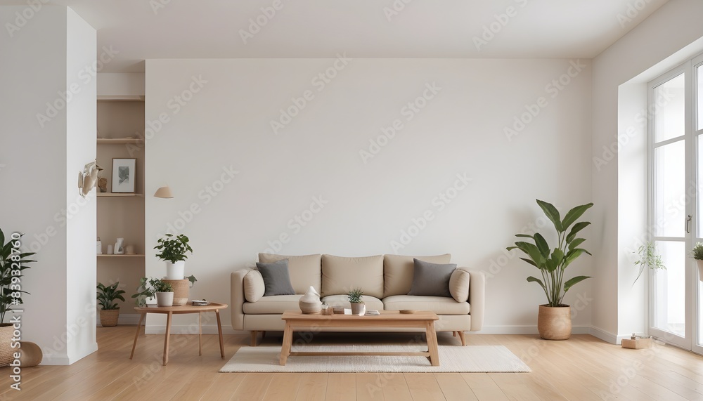 The frame mockup and living room wall mockup are bright tones with a leather sofa and armchair. 3D render The frame mockup and living room wall mockup are bright tones with a leather sofa and armchair. 3D render
