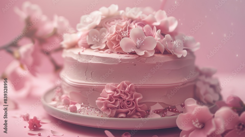 A soft pink birthday cake with elegant floral decorations, set against a gentle pink background being poured to create a romantic and delicate atmosphere. A soft pink birthday cake with elegant floral decorations, set against a gentle pink background being poured to create a romantic and delicate atmosphere.