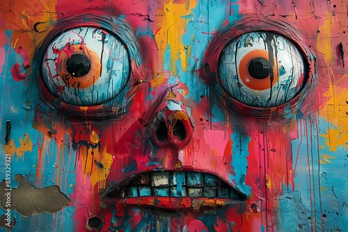 A striking graffiti mural showing expressive faces with vivid colors and dripping paint details photo