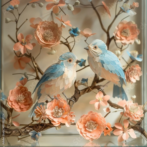 Delicate paper art of two blue and white birds perched on branches adorned with peach and pink flowers.