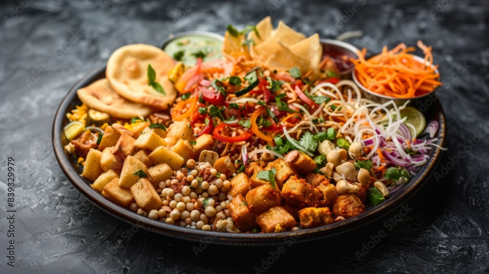 A plate of spicy and tangy chaat snacks, including bhel puri, pani puri, and sev puri, served with crunchy toppings
