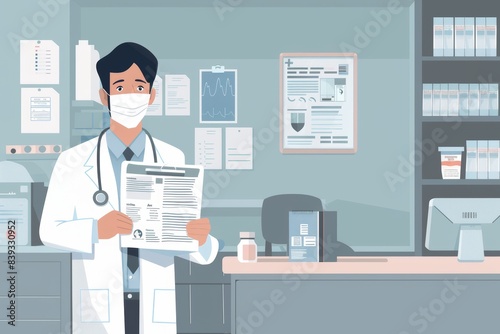 Doctor Holding Cold Prevention Pamphlet in Medical Office Setting - Healthcare Awareness Design for Print