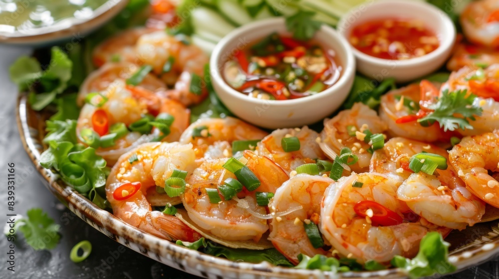A platter of banh khot, mini savory pancakes topped with shrimp and green onions, served with fresh lettuce and dipping sauce A platter of banh khot, mini savory pancakes topped with shrimp and green onions, served with fresh lettuce and dipping sauce