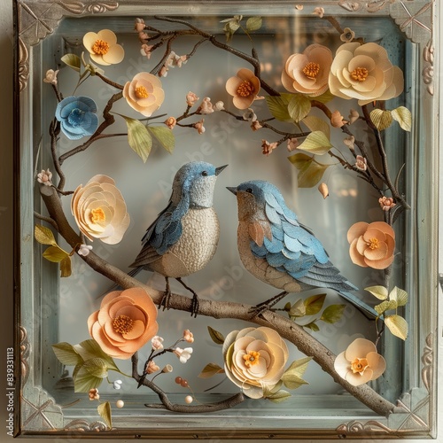 Beautiful framed artwork with two blue birds perched on branches, surrounded by delicate roses and leaves, showcasing intricate craftsmanship.