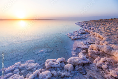 Salt of the Dead Sea. Jordan sunset landscape
