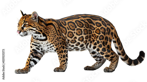A close-up photo of an ocelot walking on a white background