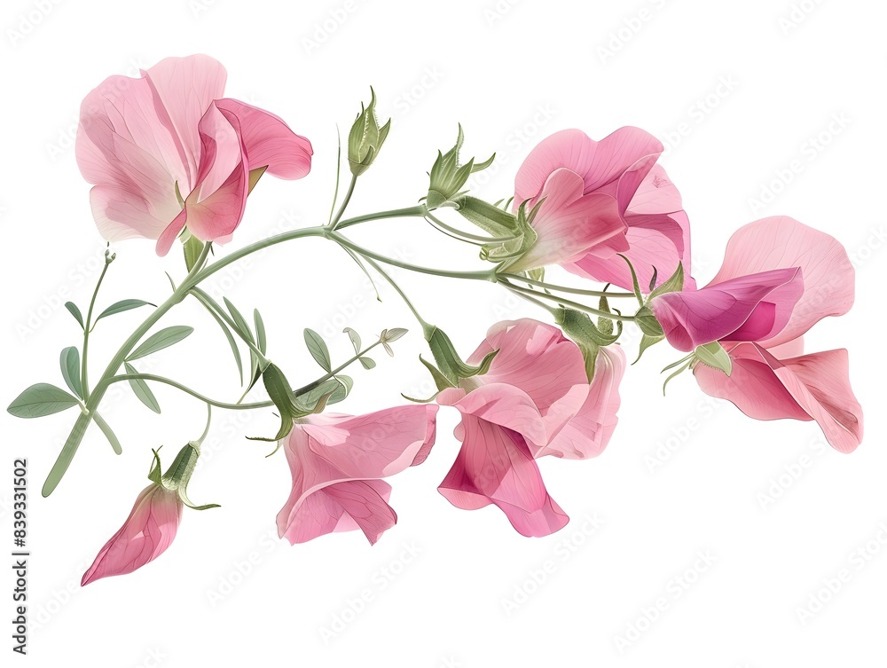 Delicate Pink Sweet Pea Flowers with Tendrils and Blooms in Botanical Delicate Pink Sweet Pea Flowers with Tendrils and Blooms in Botanical