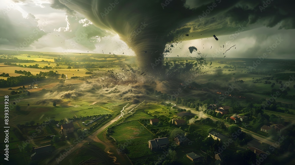 Fototapeta premium A powerful tornado sweeps through a rural area, causing destruction and chaos. The dramatic scene captures nature's raw power in action.
