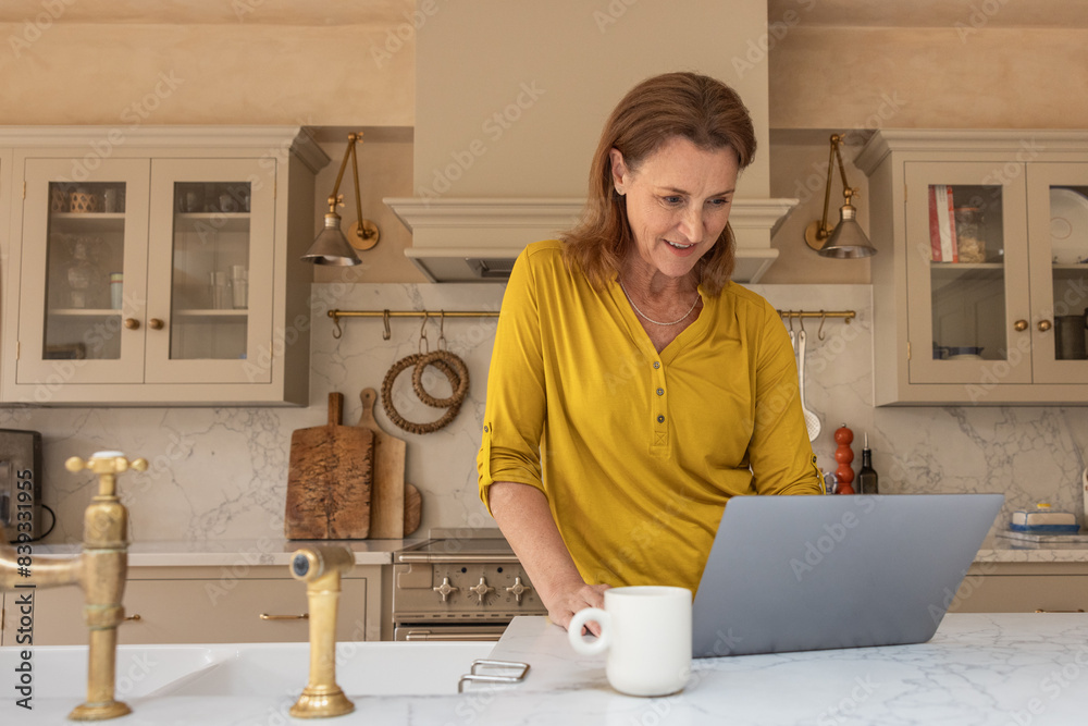 Happy senior woman at home in her kitchen using a laptop for online shopping Happy senior woman at home in her kitchen using a laptop for online shopping
