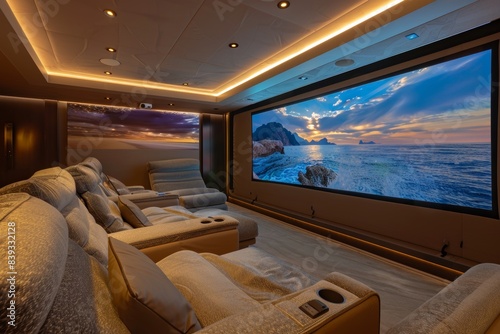 Luxurious Yacht Home Theater with Panoramic Ocean Views and Plush Seating © spyrakot
