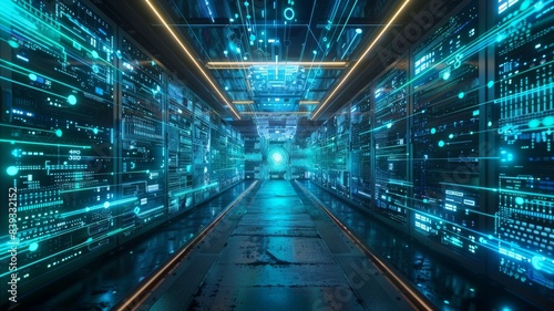 A futuristic data center filled with glowing servers and digital screens displaying complex blockchain networks.