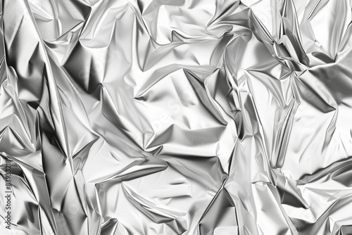 Close-up of crumpled silver aluminum foil with shiny texture. Metallic surface reflecting light, suitable for background or creative design projects.