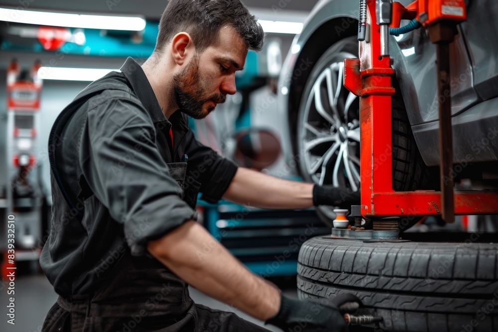 Fototapeta premium Professional Mechanic Balancing Car Tire in Modern Garage for Efficient Vehicle Maintenance