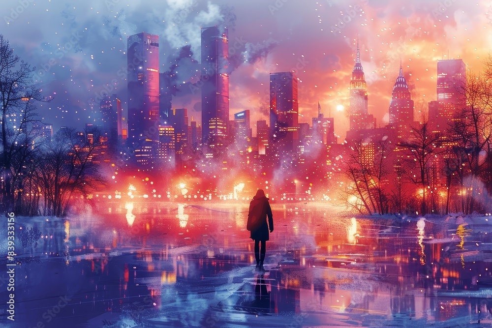 custom made wallpaper toronto digitalSurreal digital painting of a lone woman standing before a fiery cityscape submerged in icy winter waters