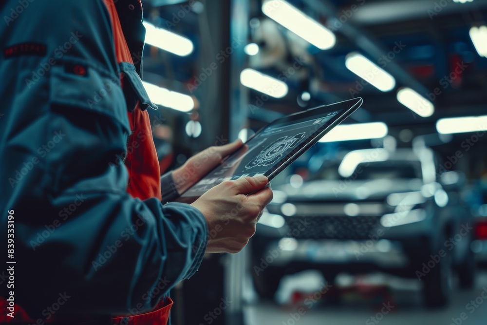 Mechanic Conducting Car Diagnostics Using Tablet in High-Tech Garage for Efficient Auto Repair Mechanic Conducting Car Diagnostics Using Tablet in High-Tech Garage for Efficient Auto Repair
