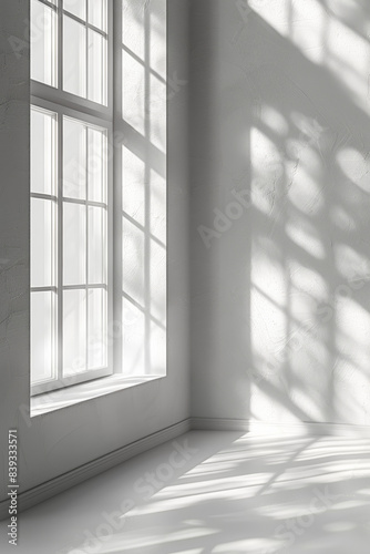 Sunlit window casting intricate shadow patterns on white wall. Minimalist interior design with natural lighting. Calm and serene atmosphere.