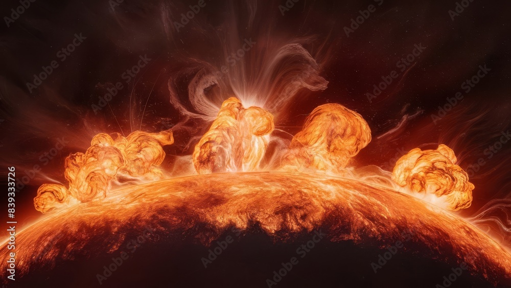 Fototapeta premium the sun's surface, where flaring solar prominences erupt into the cosmos. The burning, swirling masses of plasma emit an intense, golden-orange hue that radiates outward