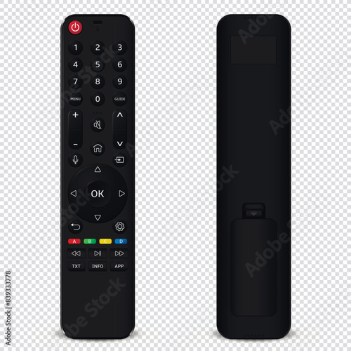 Realistic TV remote control front and back side isolated on transparent background