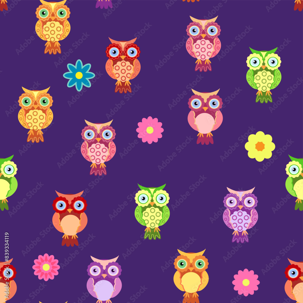 Fototapeta premium Seamless colorful owl pattern for children with flowers, clouds, branches
