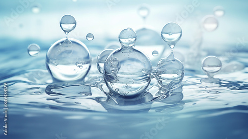 Hydrating Cosmetic Essence: Water Molecule Encased in Liquid Bubble on Water Background - 3D Rendering Stock Illustration