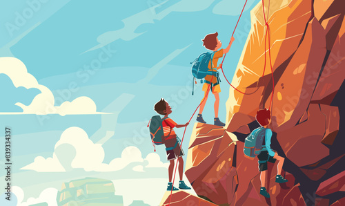 Three climbers scaling mountain cliff, one reaching grip up high. Harnesses, ropes, safety gear climber, teamwork rocky terrain. Blue sky, clouds, adventure, outdoor rock climbing, active lifestyle