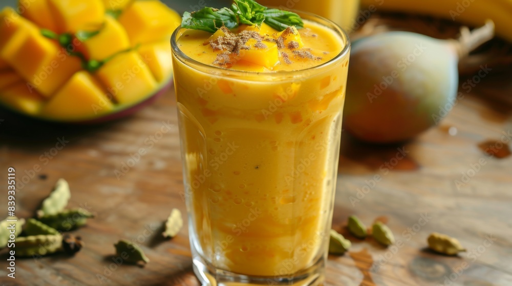 Fototapeta premium A refreshing glass of mango lassi, a popular Indian yogurt-based drink, served chilled and garnished with a sprinkle of cardamom