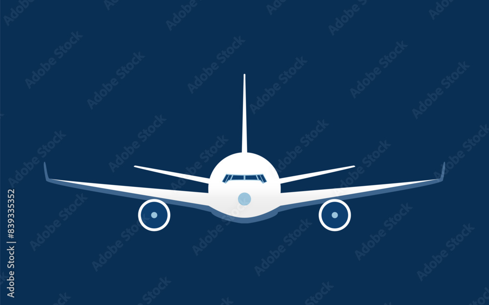 Passenger Airplane Silhouette, Front View - Simple Symbol or Icon Design, Isolated on Dark Blue Background Passenger Airplane Silhouette, Front View - Simple Symbol or Icon Design, Isolated on Dark Blue Background