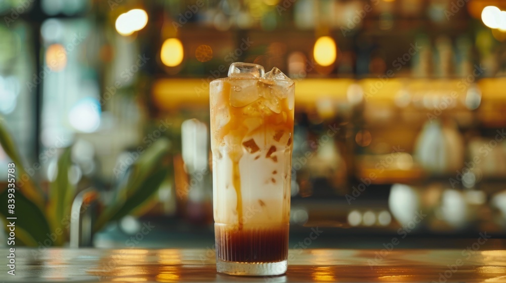 A refreshing Thai iced tea served in a tall glass with condensed milk, offering a sweet and creamy indulgence A refreshing Thai iced tea served in a tall glass with condensed milk, offering a sweet and creamy indulgence