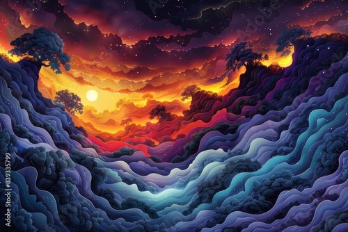 Surreal landscape with waves of colorful terrain under a starry sky and a setting sun