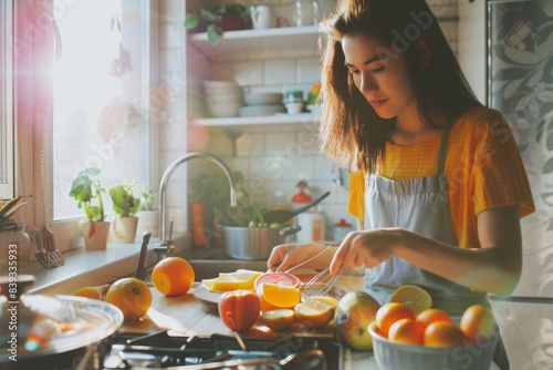 Healthy Breakfast Preparation with Citrus Fruits and Vegetables in Bright Morning Kitchen Setting