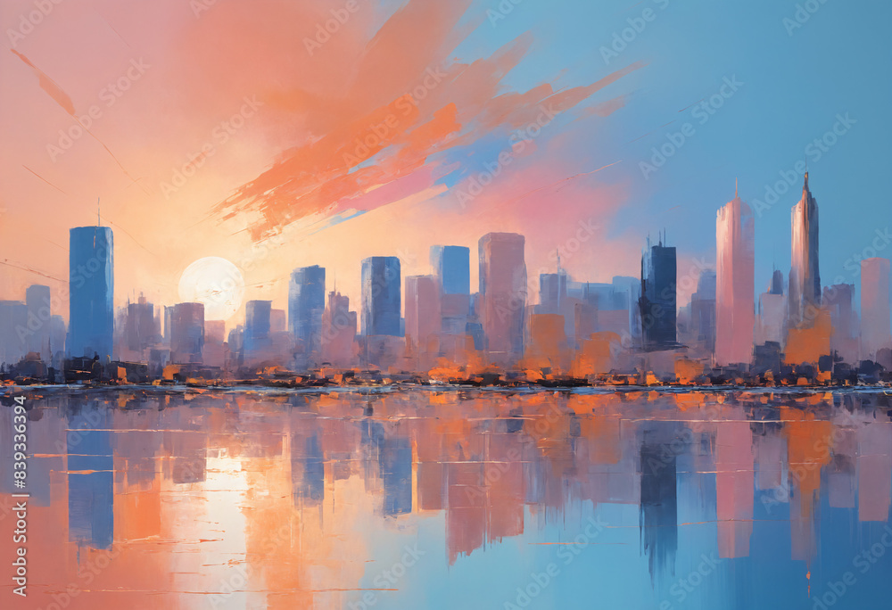 Fototapeta premium view of Dramatic sunset cityscape wall art