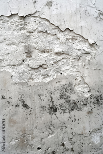 Close-up of an old, cracked concrete wall with peeling paint and rough texture, showcasing urban decay and weathered surface details.