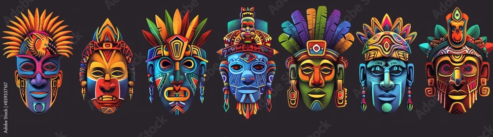 Obraz premium Illustration of different Aztec masks, each mask is in its own vertical row with no overlapping