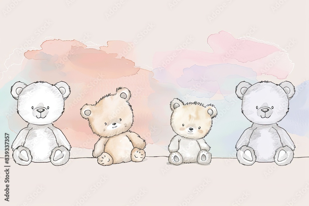 Minimalist line drawings of cute teddy bears, on a soft pastel background