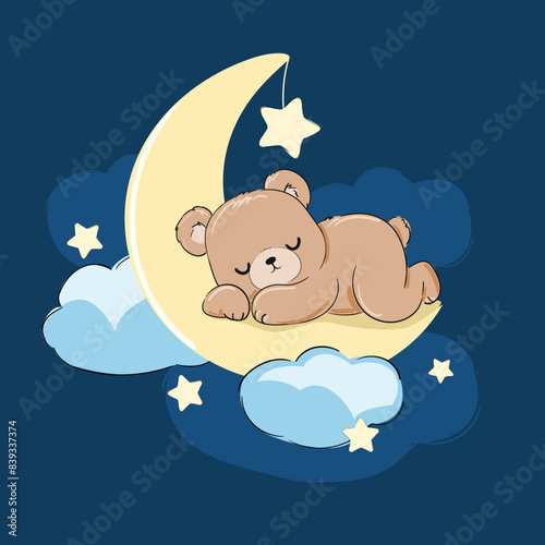 Cute little bear sleeping on the moon, vector illustration, Hand Drawn Cute kids fashion artworks, baby graphics prints for pajamas