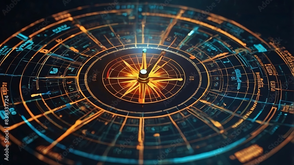 Obraz premium Digital Compass, a Strategic Explorer for Businesses. Depict a futuristic digital compass at the center, with arrows pointing to key business concepts.