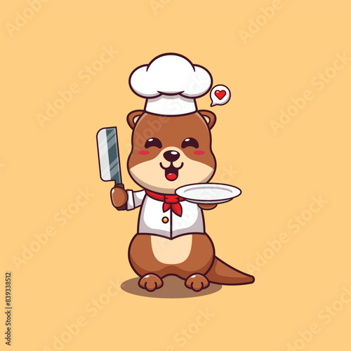Cute chef otter with knife and plate cartoon vector illustration