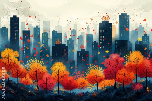 A vibrant illustration of a city skyline transitioning into autumn with trees shedding leaves