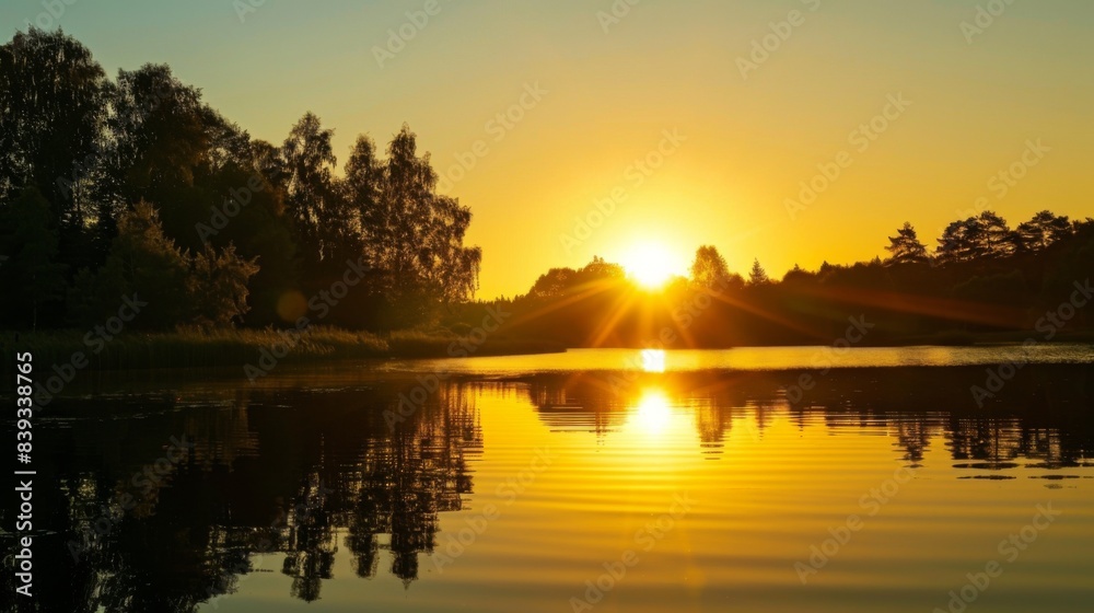 A serene lake reflecting the golden hues of a setting sun, with silhouettes of trees along the shoreline A serene lake reflecting the golden hues of a setting sun, with silhouettes of trees along the shoreline
