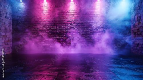 An atmospheric empty stage with vibrant pink and blue lighting casting colorful reflections against a brick wall and mist creating a dramatic ambiance.