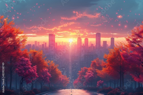 A picturesque digital artwork of a large city with skyscrapers framed by autumn trees and falling leaves